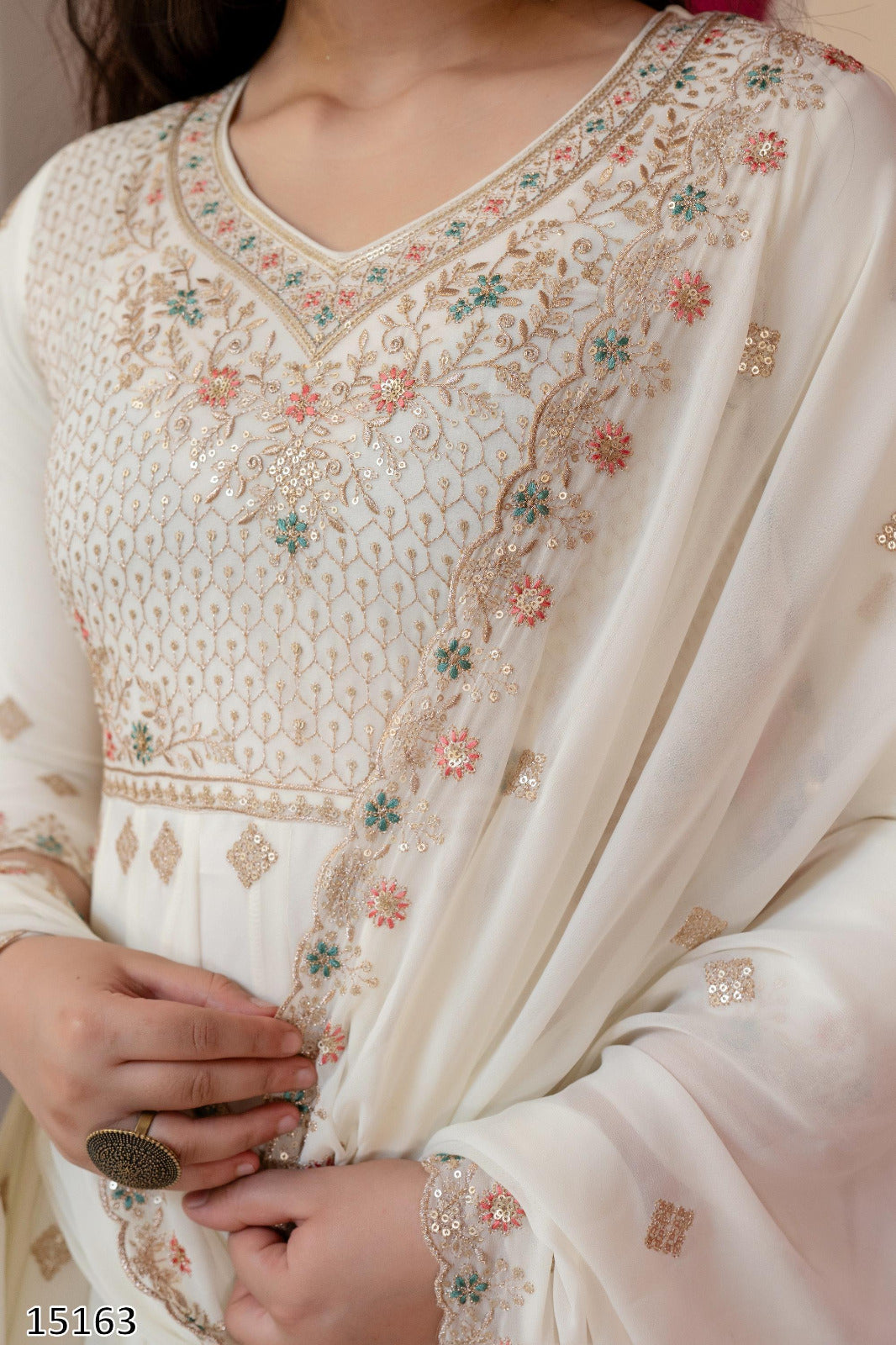 Off-White Pastel Floral Embroidered Festive Anarkali Suit