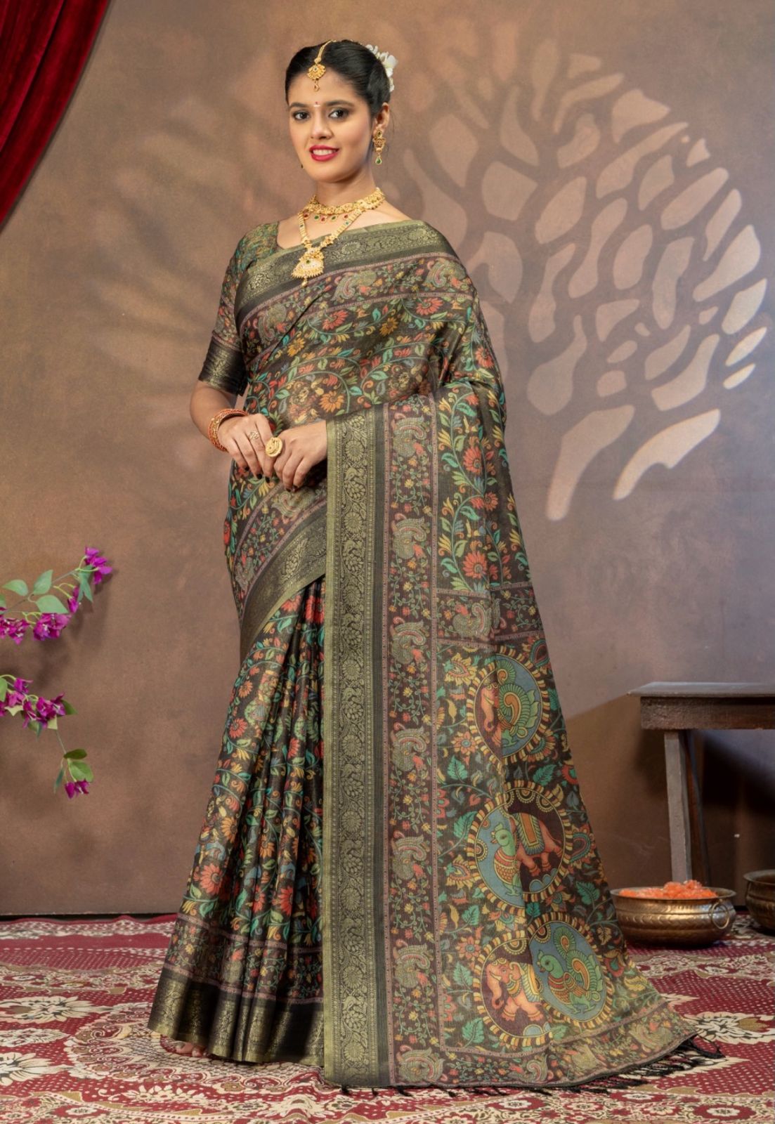 Premium Kanjivaram Erode Silk Saree with Kalamkari Digital Print Jacquard Border-MCL002