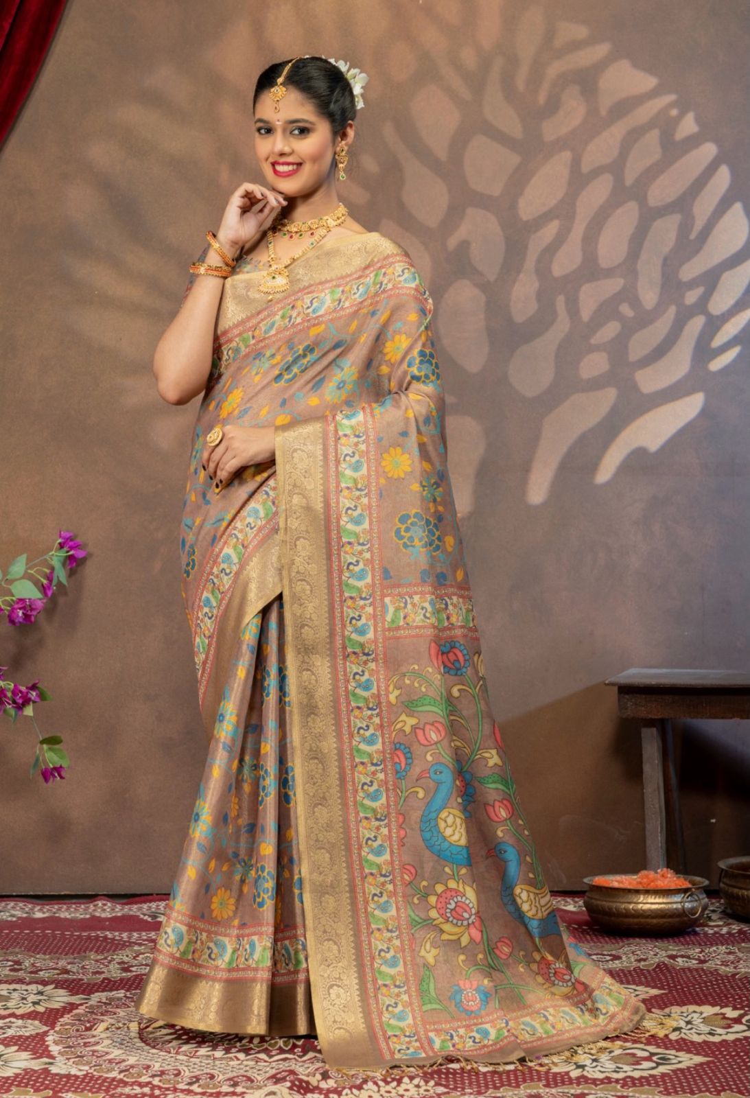 Premium Kanjivaram Erode Silk Saree with Kalamkari Digital Print Jacquard Border-MCL003