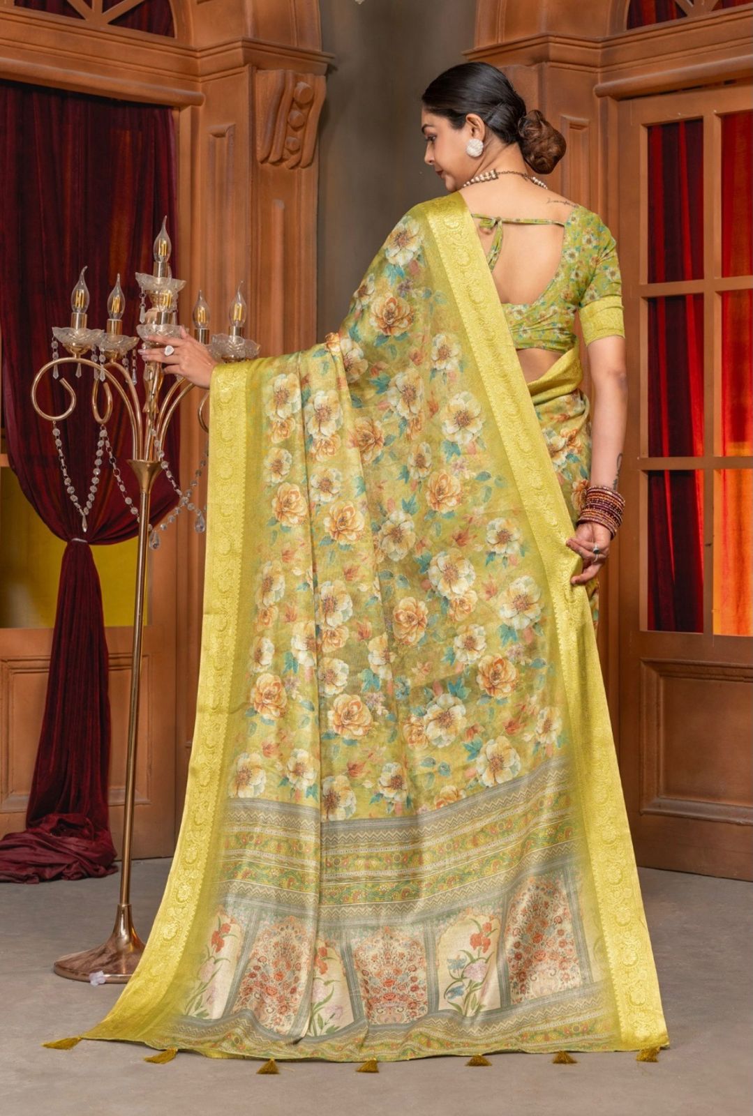 Premium Kanjivaram Erode Silk Saree with Vintage Yellow Floral Digital Print &Jacquard Border: MCL001