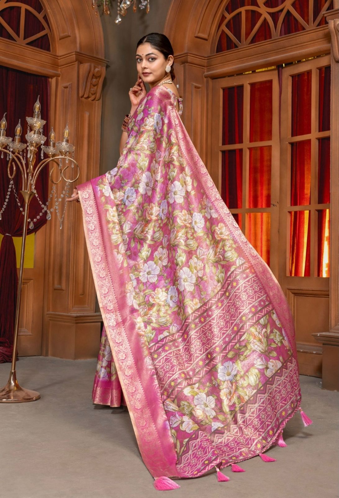 Premium Kanjivaram Erode Silk Saree with Vintage Yellow Floral Digital Print &Jacquard Border: MCL005