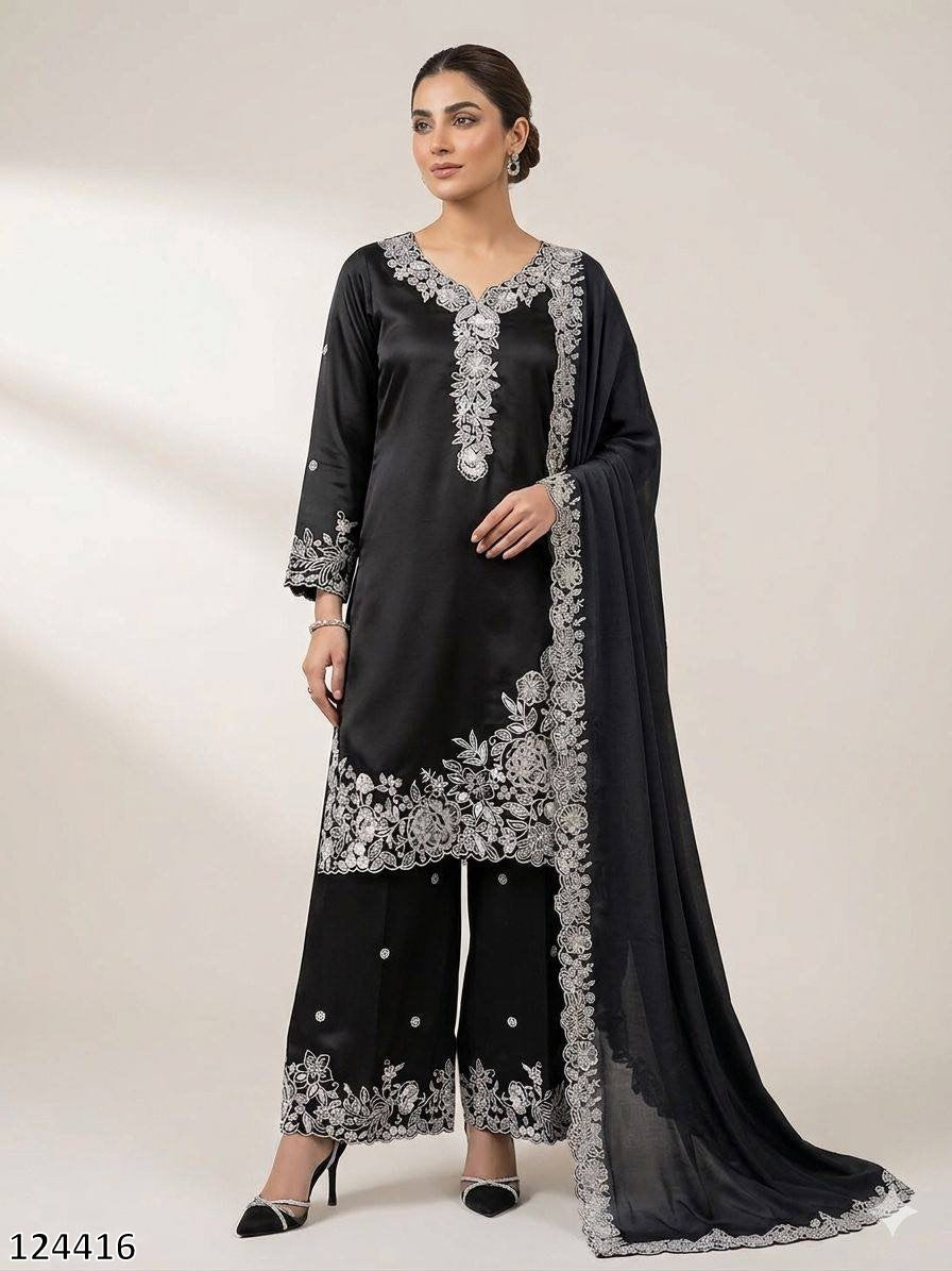 EMBROIDERY WORKED TOP, PLAZZO WITH DUPATTA FRANCH CRAPE - MRN124416