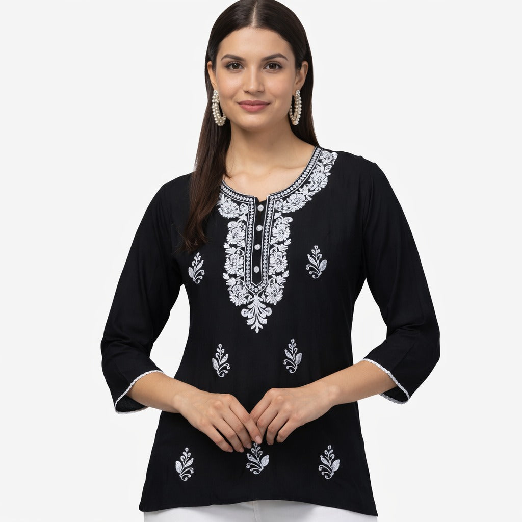 URBAN GRACE – BLACK SHORT KURTI - EMBROIDERED