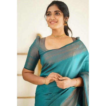 Generic Women's Litchi silk Printed Saree With Unstitched Blouse (Rama Blue)