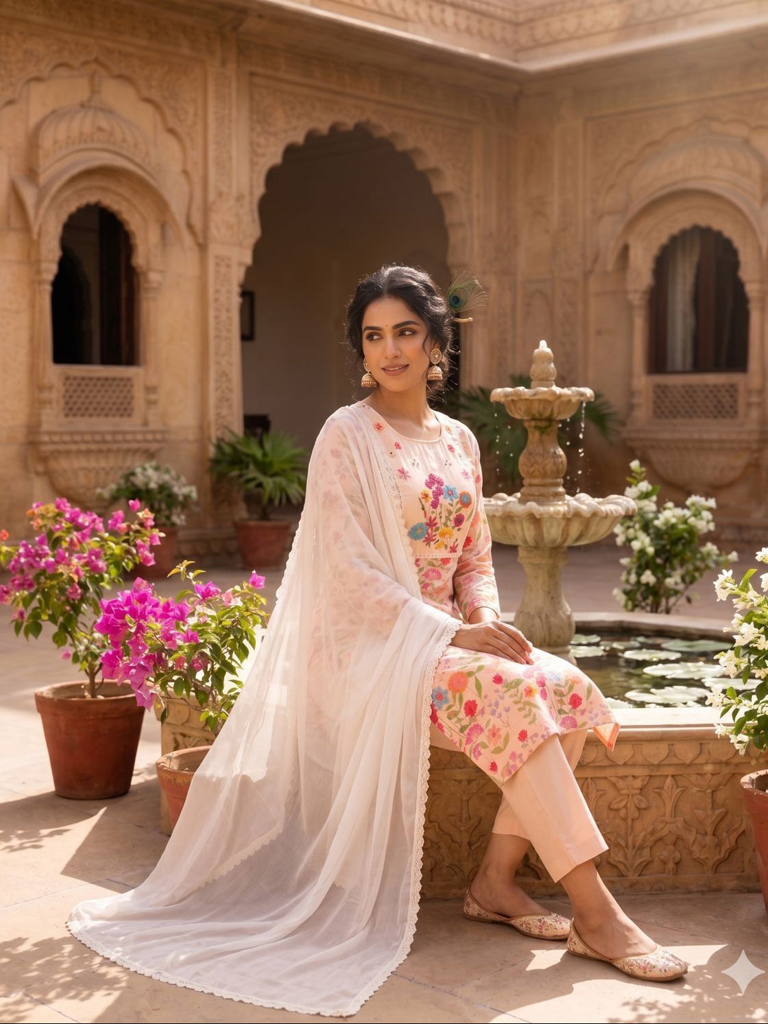 “Designer Linen Cotton Kurti Pant Dupatta – Beige Cream”

