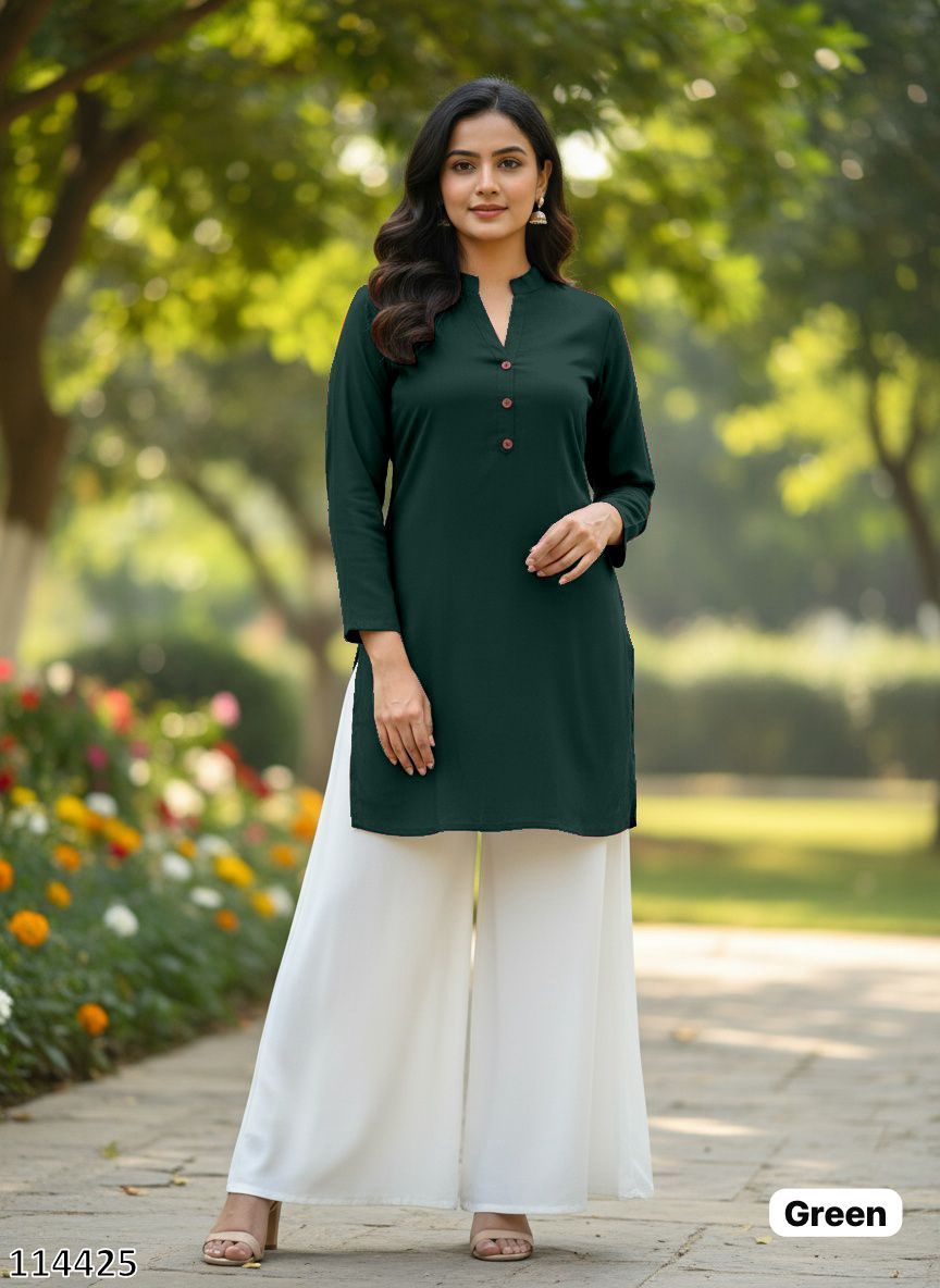 Dark Emerald Green Mandarin Collar Short Tunic and Wide-Leg Palazzo Set