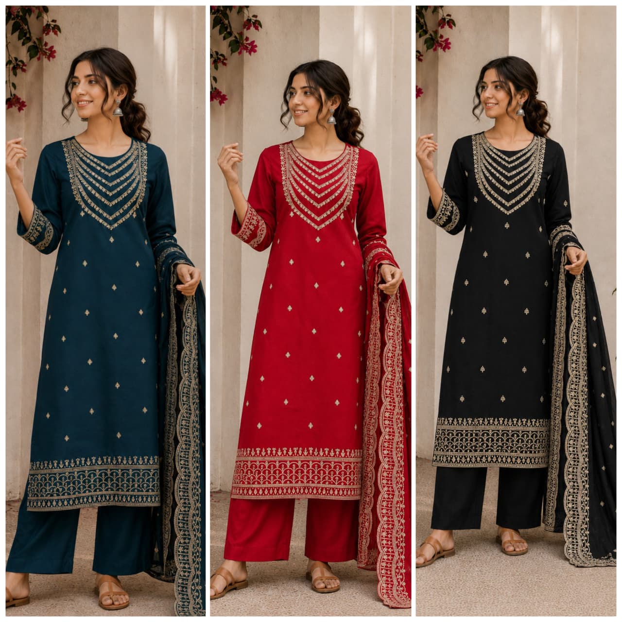 Festive Straight-Cut Salwar Kameez Suit Collection with Scalloped Border Dupatta