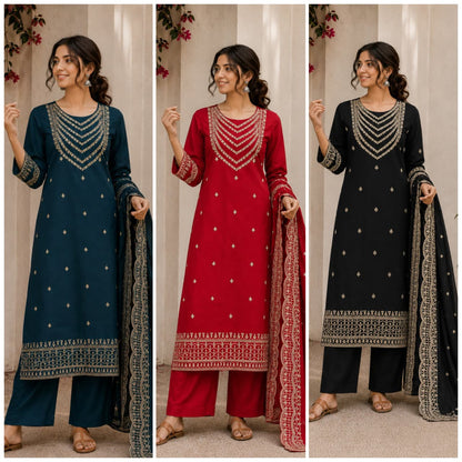 Festive Straight-Cut Salwar Kameez Suit Collection with Scalloped Border Dupatta