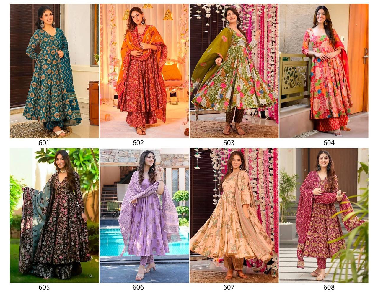 Collage of women wearing Clora Vol-6 dresses in various settings.