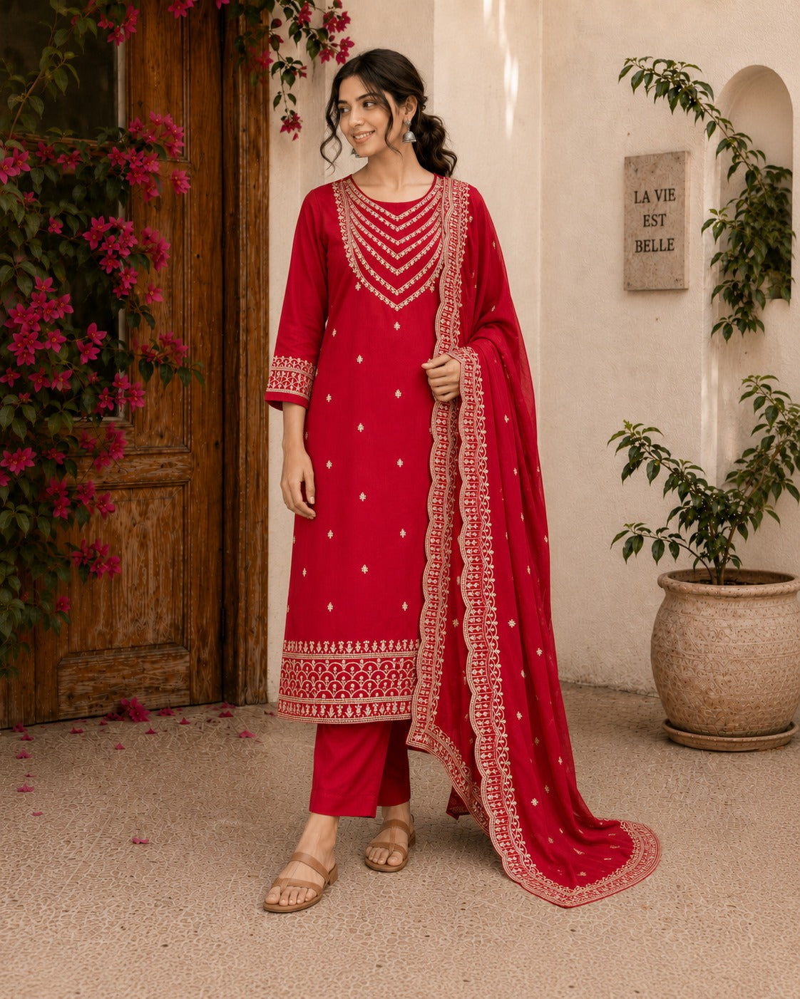 Crimson Red Zari Embroidered Festive Kurta Set
