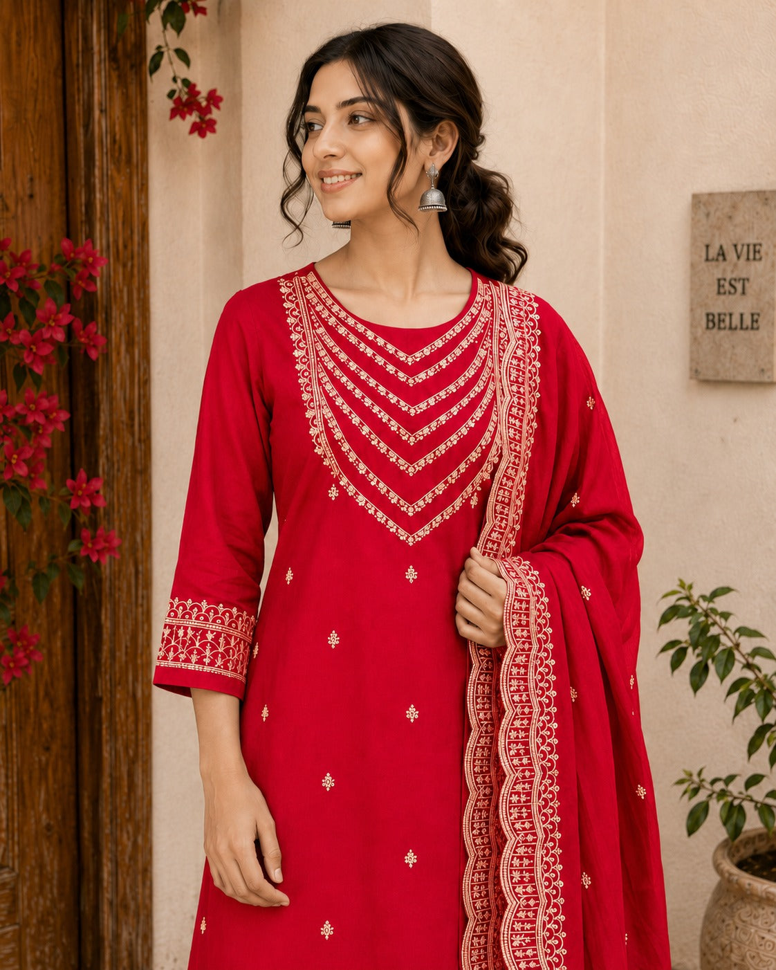 Woman wearing a red traditional outfit with white embroidery in an indoor setting.