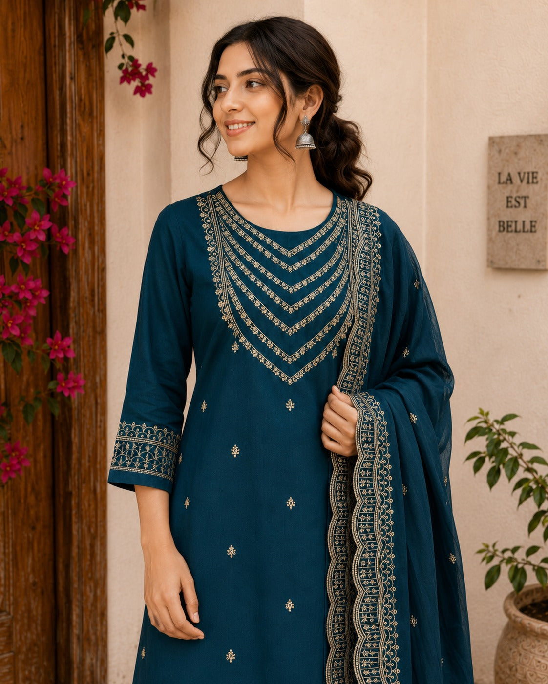 Woman wearing a blue embroidered dress standing in front of a floral door and wall.