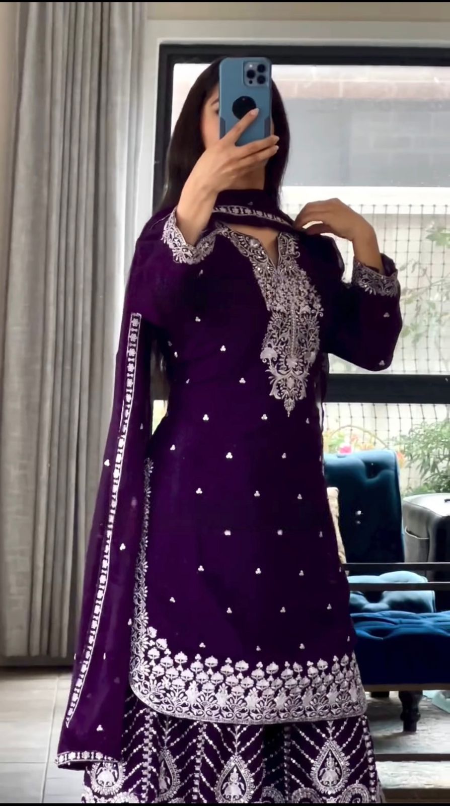  Imperial Purple Georgette Sharara Suit with Heavily Embroidered Silver Neckline Panel