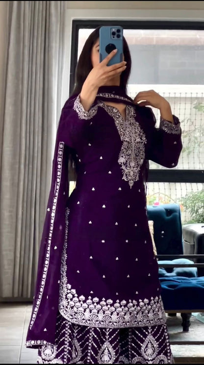  Imperial Purple Georgette Sharara Suit with Heavily Embroidered Silver Neckline Panel