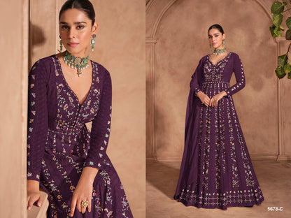 Plum Purple Long-Sleeve Festive Anarkali Suit Set with Multicolor Pastel Threadwork