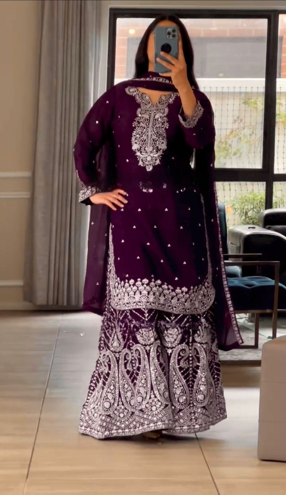 Dark Plum Georgette Sharara Set with Intricate Silver Sequin and Metallic Border Work