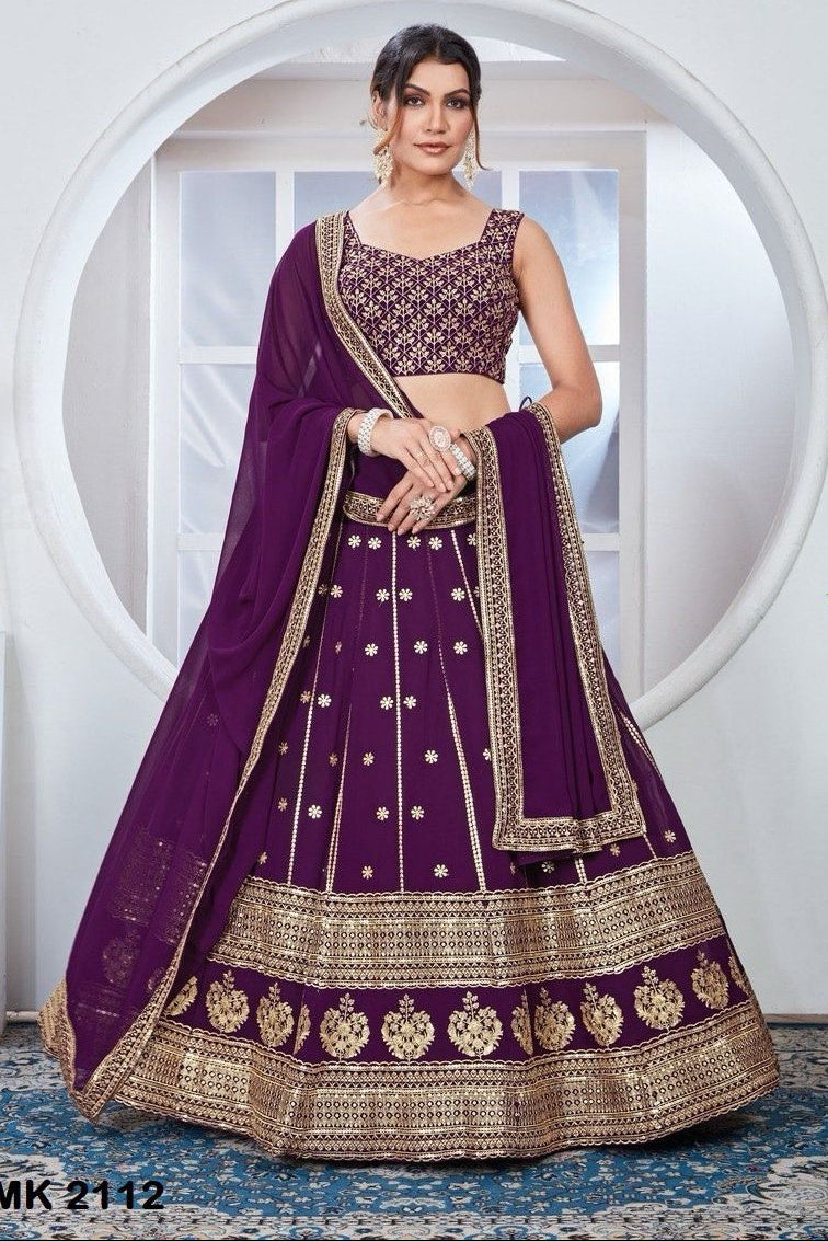 “Purple Georgette Lehenga Choli with Golden Embroidery – MNL724”

