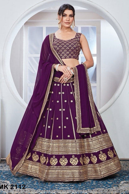 “Purple Georgette Lehenga Choli with Golden Embroidery – MNL724”

