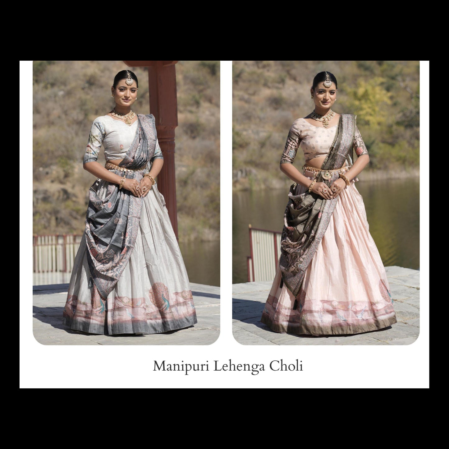 Two images of a woman wearing a Manipuri Lehenga Choli with a scenic background.