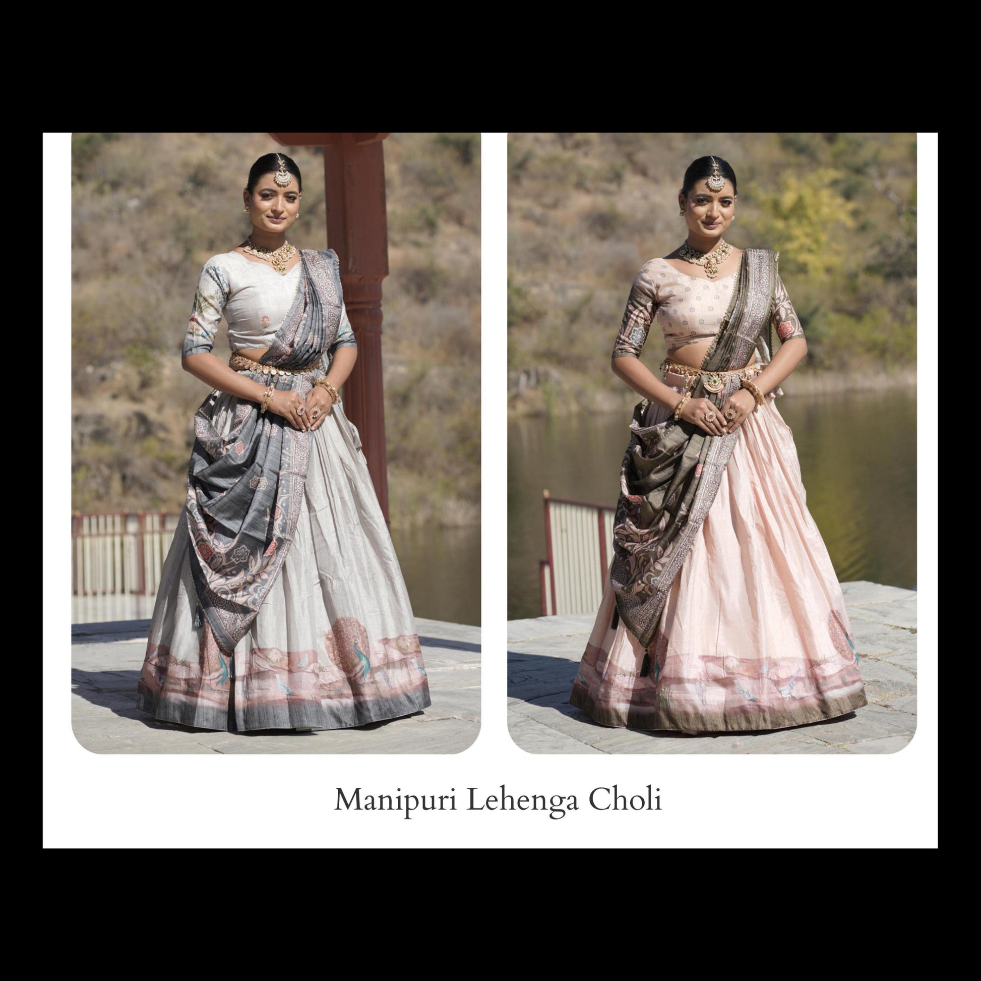 Two images of a woman wearing a Manipuri Lehenga Choli with a scenic background.