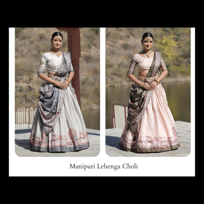 Two images of a woman wearing a Manipuri Lehenga Choli with a scenic background.