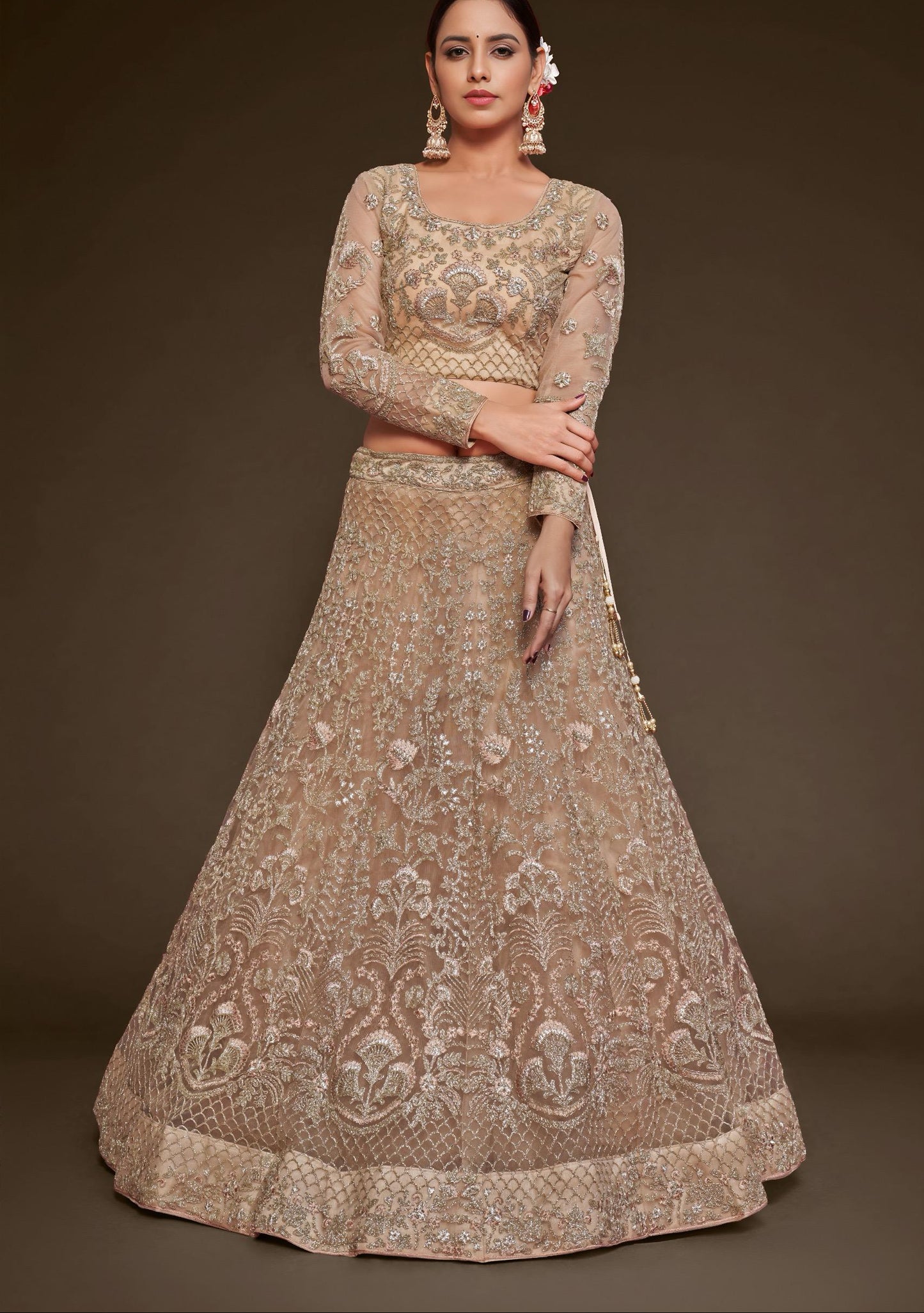  Royal Beige Soft Net Zari & Sequin Embroidered Bridal Lehenga Set