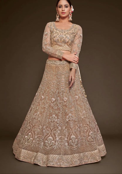  Royal Beige Soft Net Zari & Sequin Embroidered Bridal Lehenga Set