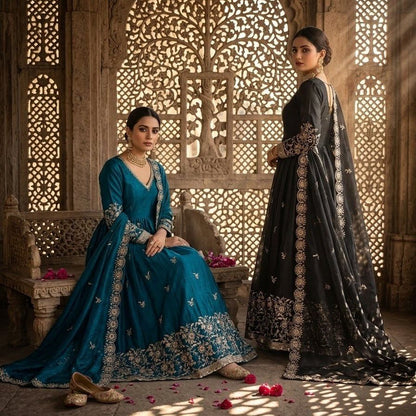 Two women in traditional outfits standing in front of an ornate carved wooden door.