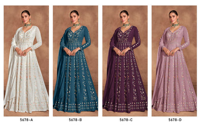 Majestic Long-Sleeve Flared Anarkali Gown Set with Pastel Threadwork and Matching Dupatta