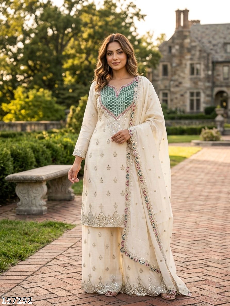 Woman in traditional outfit standing outdoors with a building and garden in the background