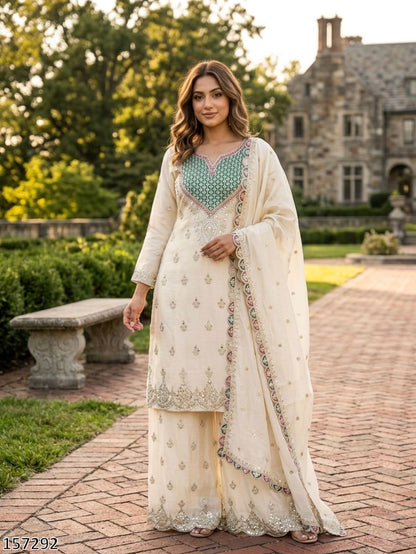 Woman in traditional outfit standing outdoors with a building and garden in the background