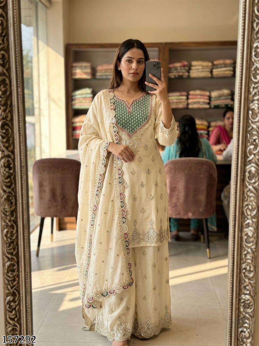 Woman taking a mirror selfie wearing an embroidered traditional outfit in a store.