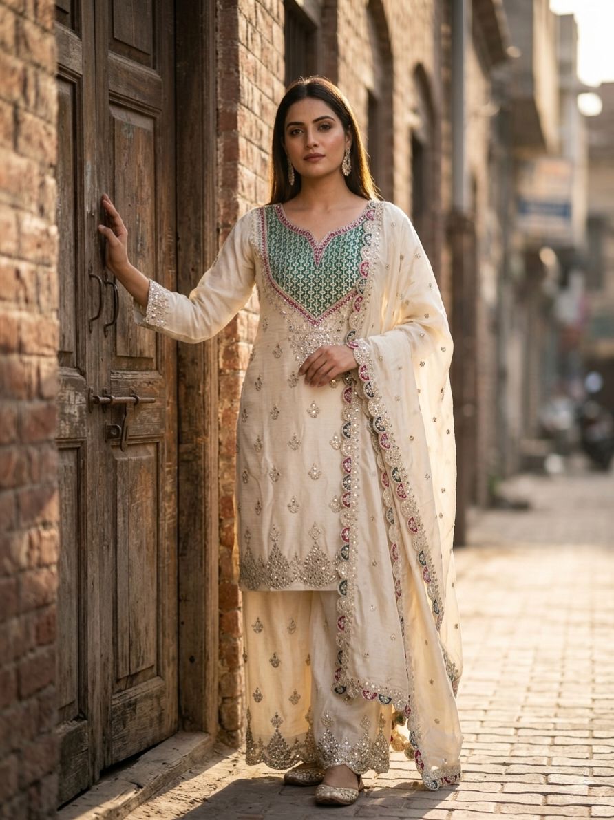 Woman in traditional embroidered outfit standing in a sunlit street.