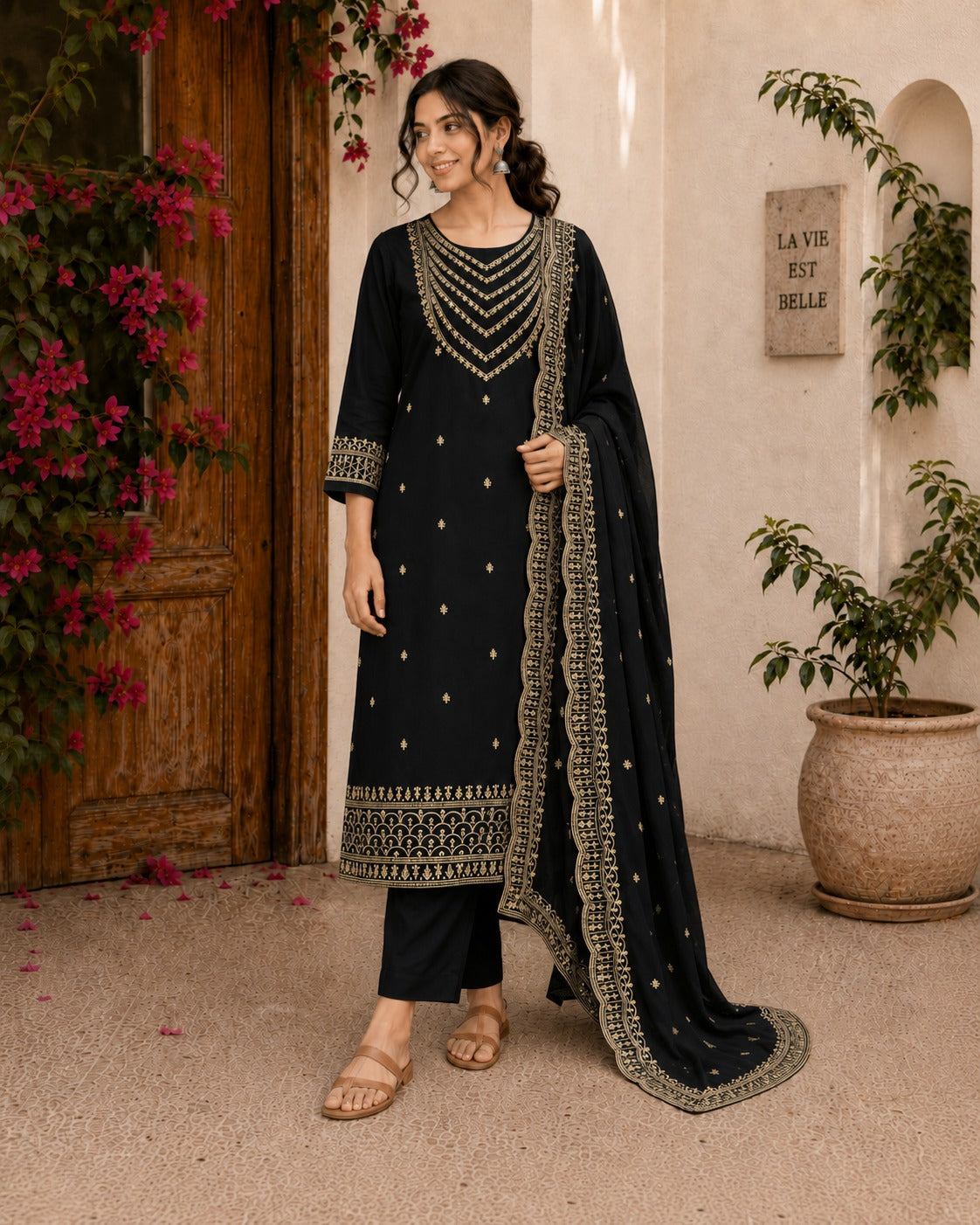 Classic Black Festive Salwar Kameez Suit Set with Intricate Scalloped Borders