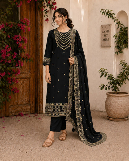 Classic Black Festive Salwar Kameez Suit Set with Intricate Scalloped Borders