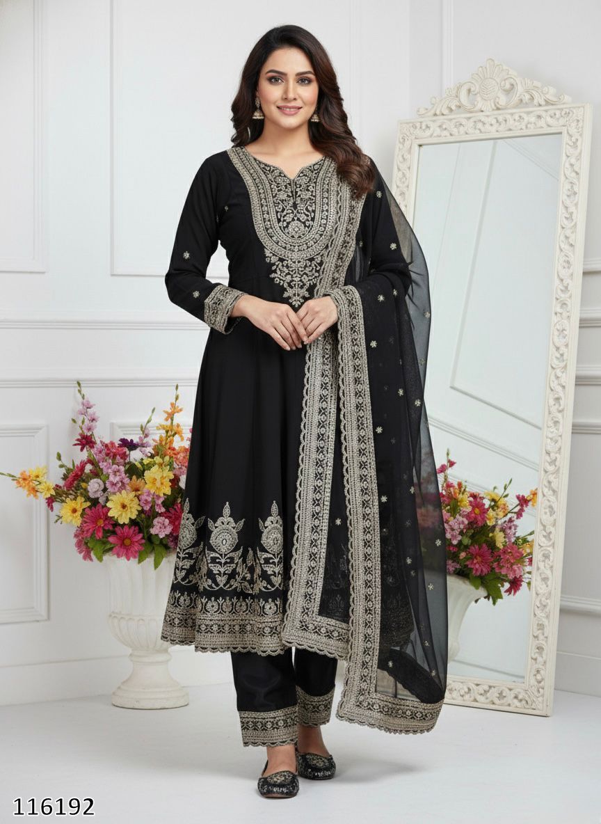 Jet Black Heavy Embroidered Festive Anarkali Suit