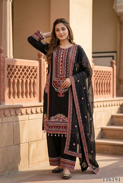 Charcoal Black Festive Salwar Kameez Set with Intricate Rust and Crimson Needlework