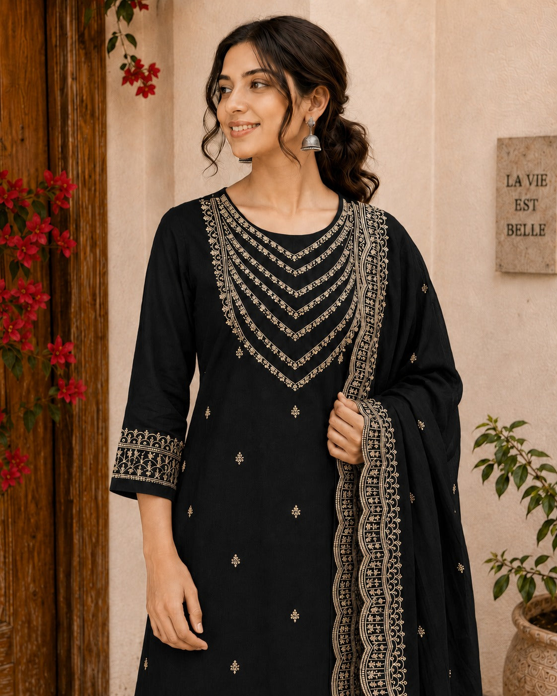 Woman wearing a black traditional outfit with intricate gold embroidery indoors.