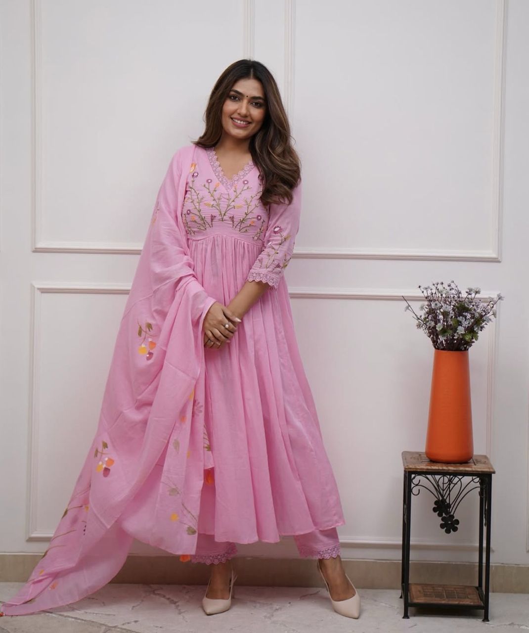 Pastel Pink Floral Embroidered Anarkali Kurta Pant Set with Matching Dupatta