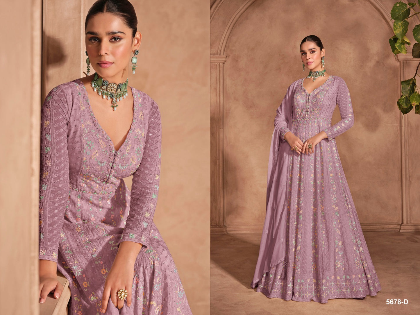Pastel Lavender Long-Sleeve Festive Anarkali Suit Set with Intricate Thread Work