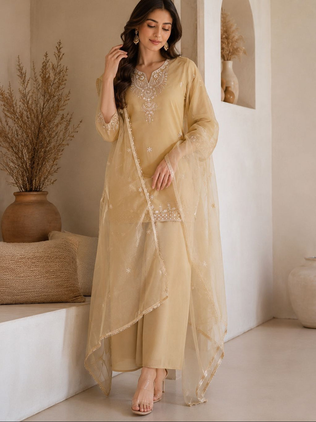 “Premium Organza Dupatta Fusion Kurti Palazzo Set – MNK1939”

