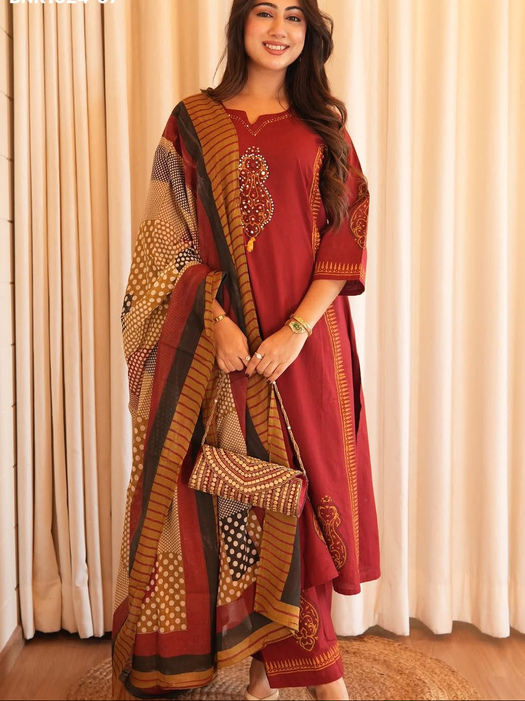 Women's Maroon Pure Cotton A-Line Kurta Set with Dupatta