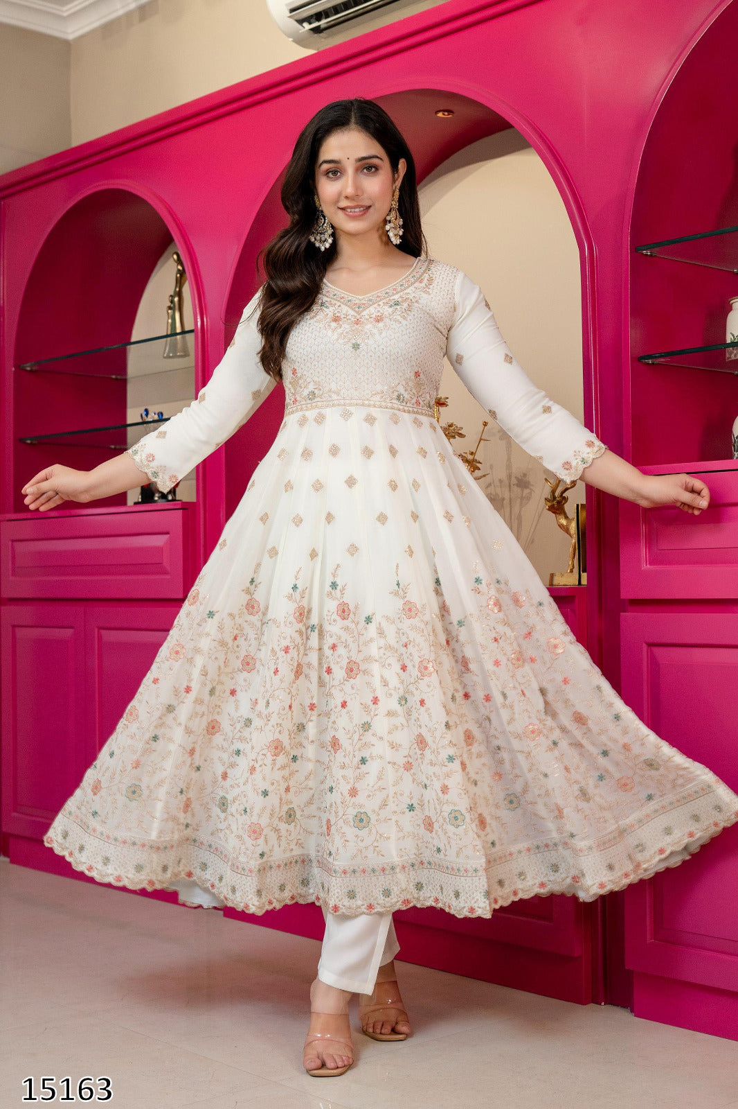 MDN15163 Premium Faux Blooming Anarkali Suit with Sequins Zari Embroidery & Moti Lace Dupatta