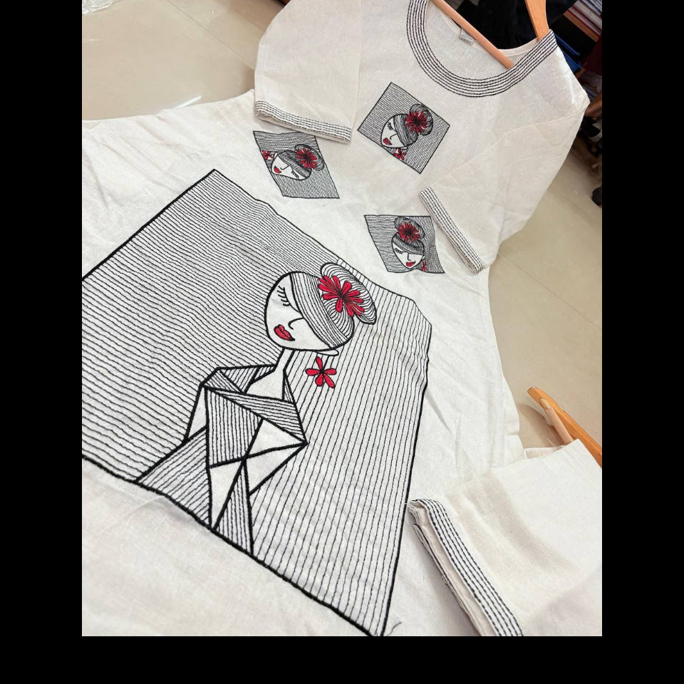 White fabric with black line art and red floral details on a white background