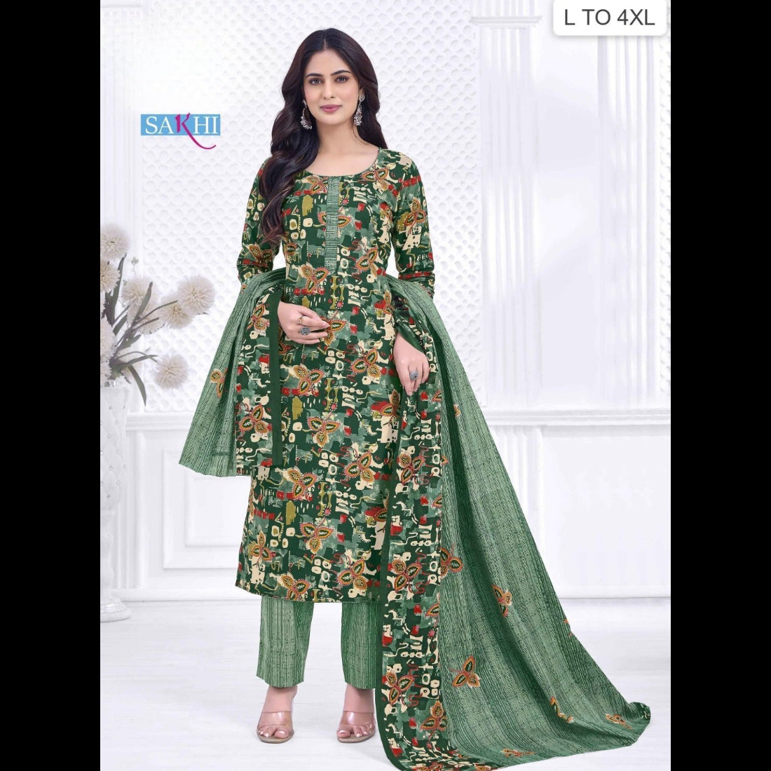 Woman wearing a green floral printed outfit with a matching dupatta on a white background