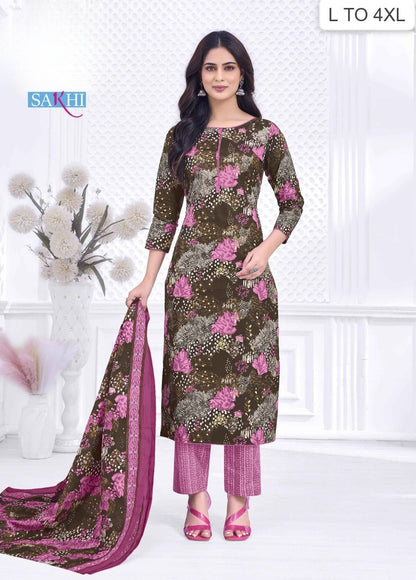 Woman wearing a floral dress with a matching dupatta in a minimalistic setting