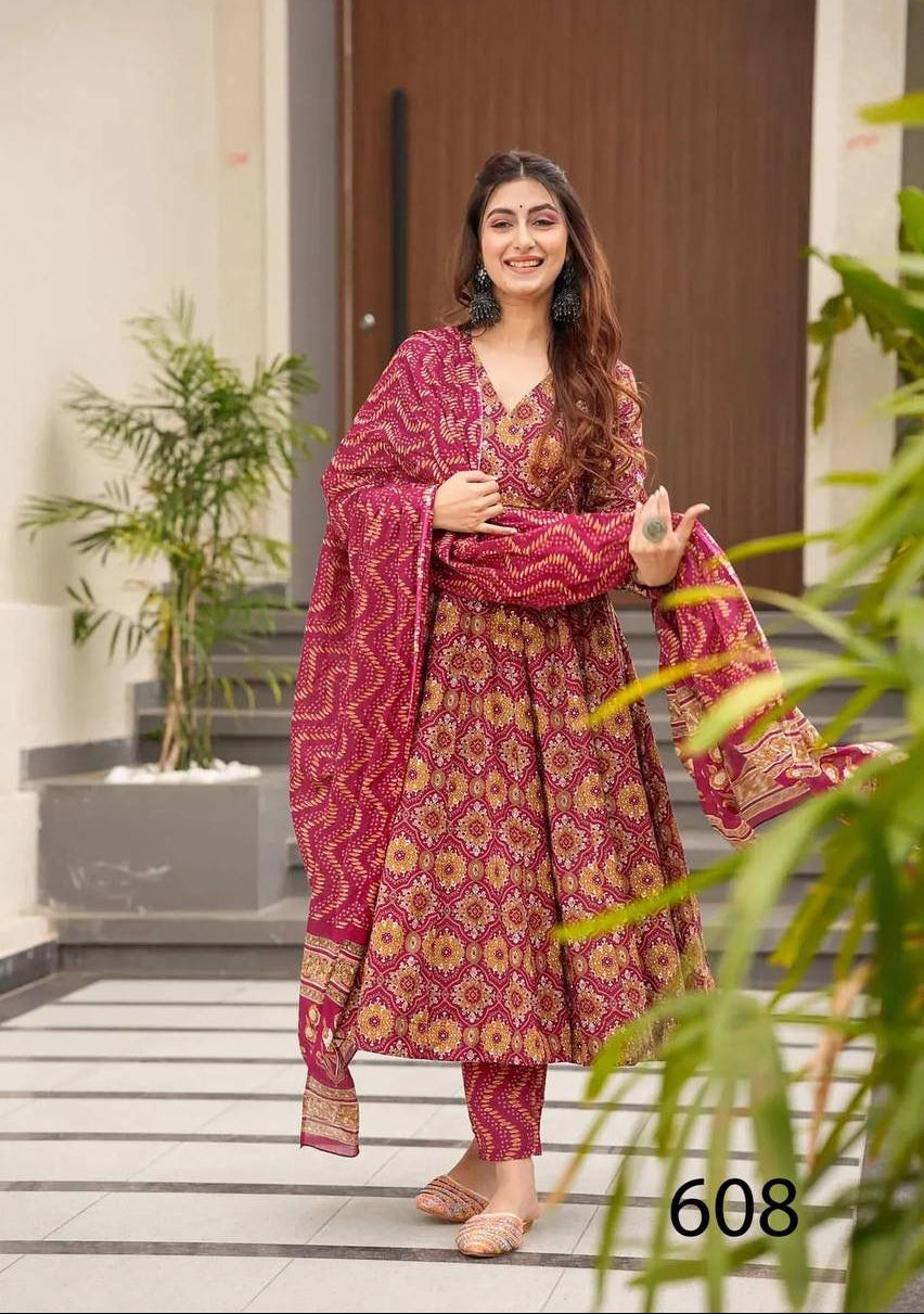 MNK1876‑Designer‑MaslinSilk‑KurtiPantDupatta‑MaroonPinkYellowSet.jpg

