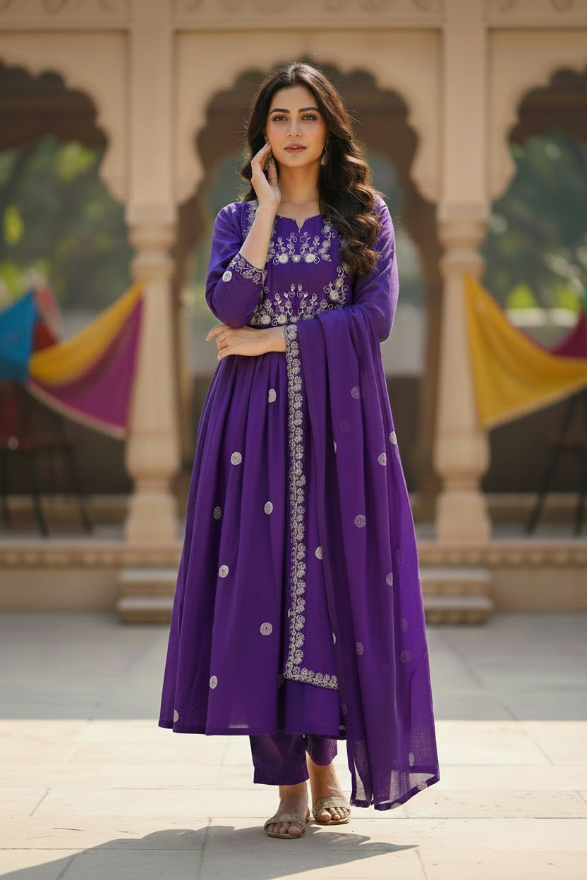 Woman wearing a purple traditional outfit with intricate designs in an outdoor setting.