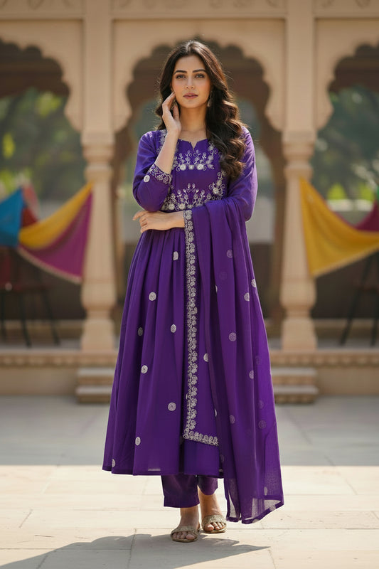 Woman wearing a purple traditional outfit with intricate designs in an outdoor setting.