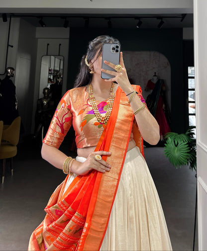 MNL5 Paithani Lehenga Choli Cream Skirt Orange Silk Saree Golden Pink Zari Work MARTIVA